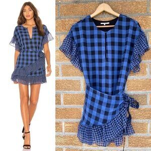 Tularosa Jenny Blue And Black Buffalo/gingham Plaid Wrap Mini Dress medium